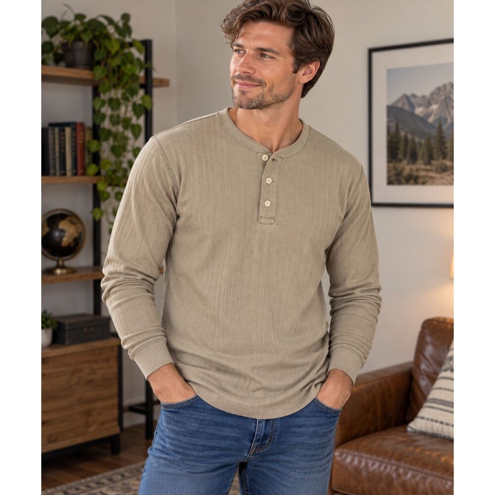 Vintage Woolrich Mens Size Medium Long Sleeve Henley Shirt Brown Ribbed Casual